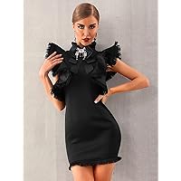 2022 Women's Dresses Raw Trim Exaggerated Ruffle Stand Collar Rhinestone Detail Party Fancy Dress Women's Dresses (Color : Black, Size : Large)