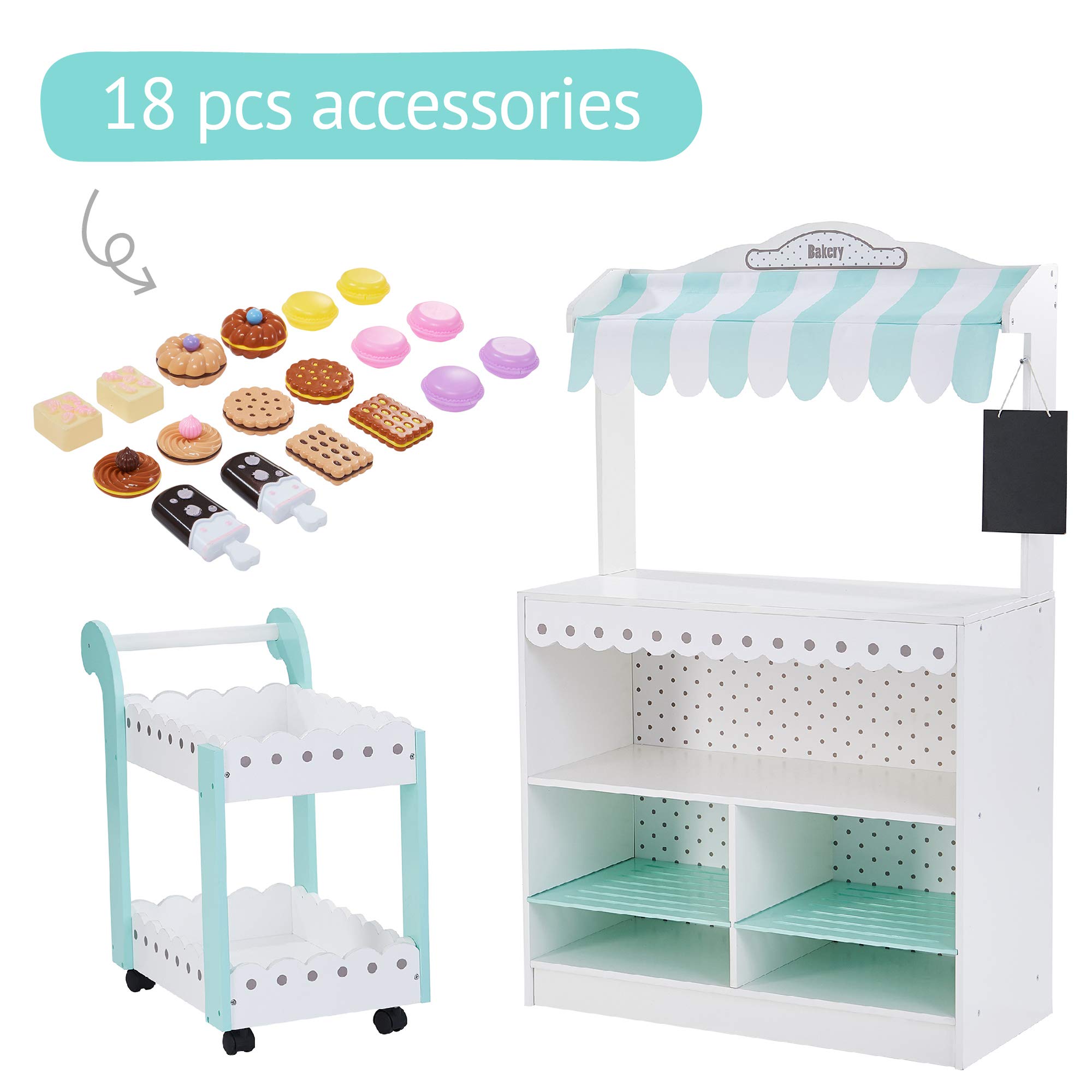 Teamson Kids Wooden Dessert Stand and Rolling Cart, Snacks and Sweets Food Cart, Kids Play Shop Play Food, Pretend Play Bakery Play Stand with 18 Accessories For Kids, Preschoolers Ages 3+, White/Blue