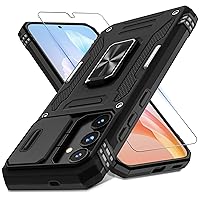 DEERLAMN for Samsung Galaxy S24 Case with Slide Camera Cover+Screen Protector (1 Pack), Rotated Ring Kickstand Military Grade Shockproof Protective Cover-Black