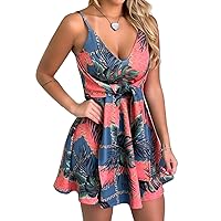 CASURESS Womens Dresses V Neck Mini Floral Spaghetti Strap Tie Knot Front Flowy Pleated Swing Dress