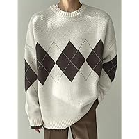 Sweaters for Men- Men Argyle Pattern Drop Shoulder Sweater (Color : Beige, Size : Medium)