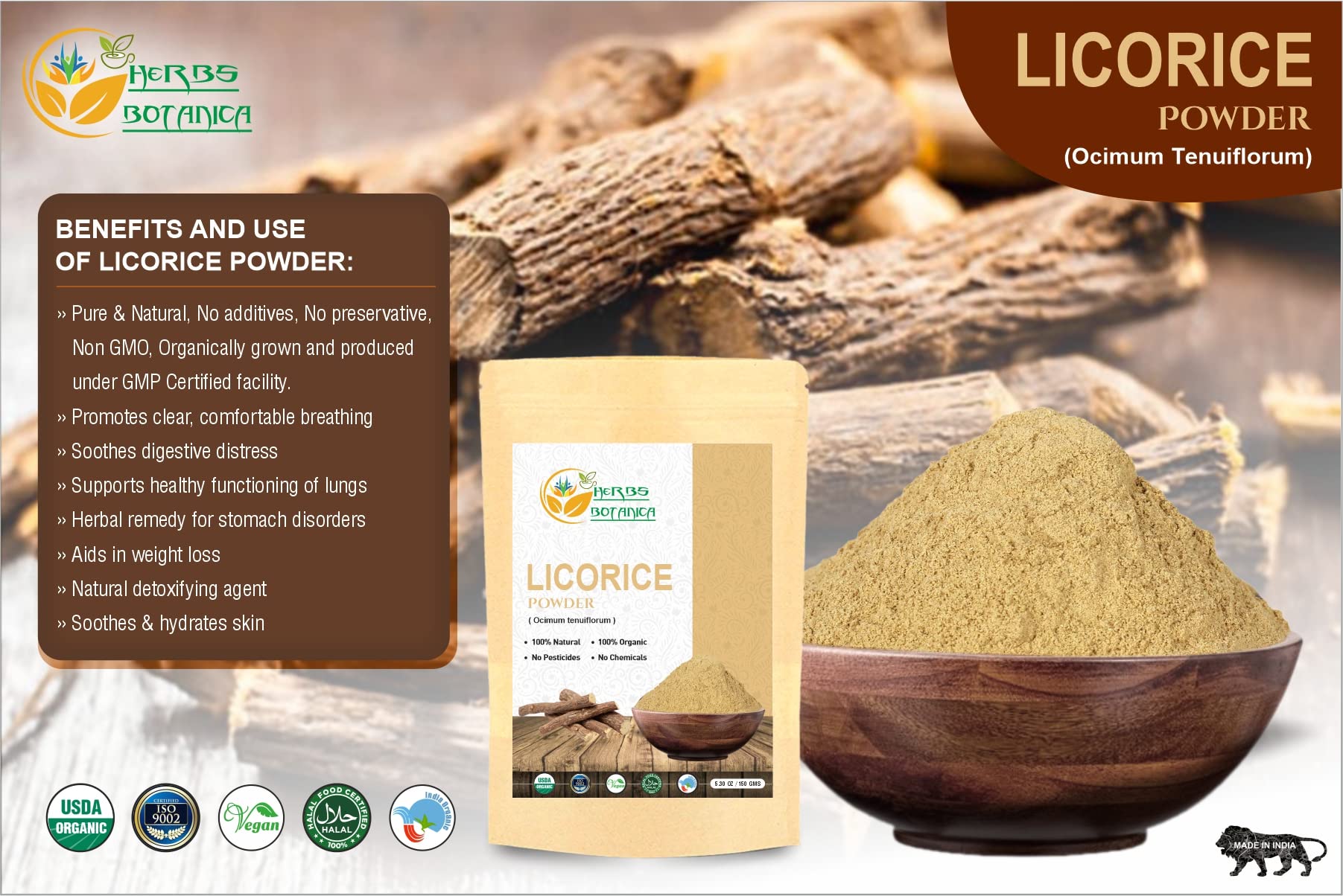 Herbs Botanica 100% Natural Licorice Root Powder Mulethi Powder 5.5 oz / 150gm | Yastimadu Powder (Glycyrrhiza Glabra)