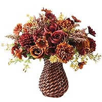 INQCMY Artificial Flowers with Vase,Silk Flower Arrangements,Artificial Rose Bouquets in Handmade Rattan Vase for Home Office Table Kitchen Desktop Dinning Room Decoration (Brown)