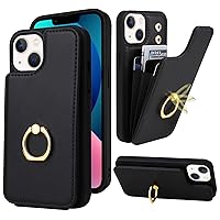 TopPerfekt Compatible with iPhone 13 Wallet Case with Card Holder, 360° Rotation Finger Ring Holder Kickstand Protective RFID Blocking PU Leather Double Buttons Flip Cover 6.1