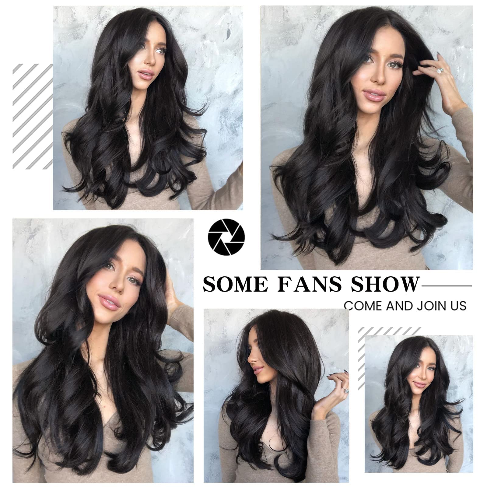 AISI QUEENS Black Wavy Wigs for Women Long Curly Wig Synthetic Party Wigs Middle Part Full Wigs Natural Looking 20 Inch
