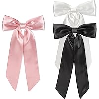 WantGor Long Tail Bow Hair Clips, Hair Ribbon Bows Satin Bowknot Clip Large Hair Barrettes Cute Ponytail Holder Hair Accessories for Women Daily Party Wedding Prom (White, Black, Pink)