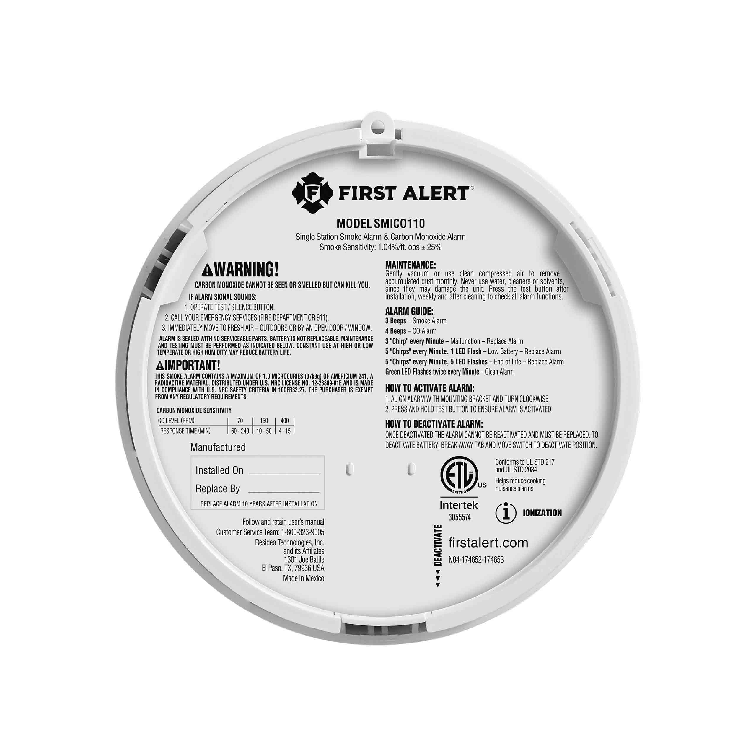 First Alert BRK SMICO110, 10-Year Battery Combination Smoke & Carbon Monoxide Alarm, 1-Pack