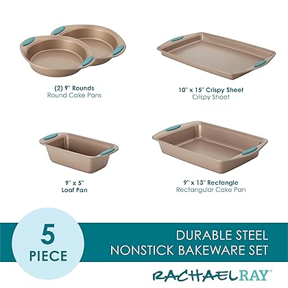 Rachael Ray Cucina Bakeware Set Includes Nonstick Bread Baking Cookie Sheet and Cake Pans, 5 Piece, Latte Brown with Agave Blue Grips