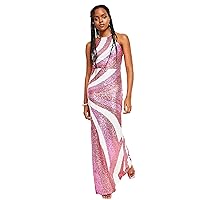 B Darlin Womens Pink Sequined Zippered Fitted Strappy Back Lined Sleeveless Halter Maxi Prom Gown Dress Juniors 15