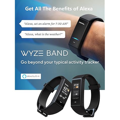 WYZE Band Fitness Tracker with Alexa Built-in, Activity Tracker Watch with Heart Rate Monitor, Smart Fitness Band with Step Counter, Calorie Counter, Pedometer Water Resistant, Black