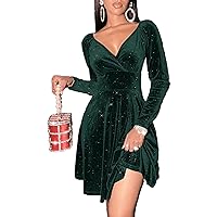 Sexyasasii Womens Wrap V Neck Long Sleeve Velvet Glitter A Line Cocktail Party Swing Fit and Flare Skater Mini Dress