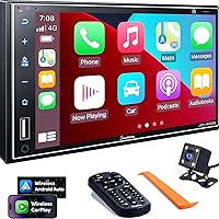 Double Din Car Stereo with Wireless Apple Carplay, Android Auto, 7 Inch Full HD Capacitive Touchscreen - Bluetooth, 4-Channel RCA, High Power, Subwoofer, Backup Camera, Steering Wheel, FM/AM Car Radio
