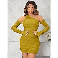 Summer Dresses for Women 2022 Flounce Sleeve Mesh Bodycon Dress Dresses for Women (Color : Olive Green, Size : X-Small)
