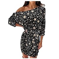 Casual Black Dress for Women,Womens Casual Loose Dresses Long Sleeve Easter Star Printed Ladies Sexy Off Long S