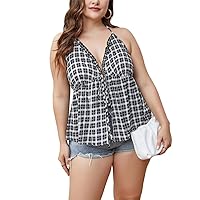 Plus Size Top for Women Summer V Neck Tank Tops Open Back with Drawstring (Check 4XL)