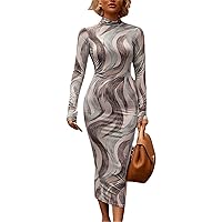 Andongnywell Women Elegant Long Sleeve Stretchy Bodycon Midi Dress Printed Slim Long Sleeve Midi Dresses