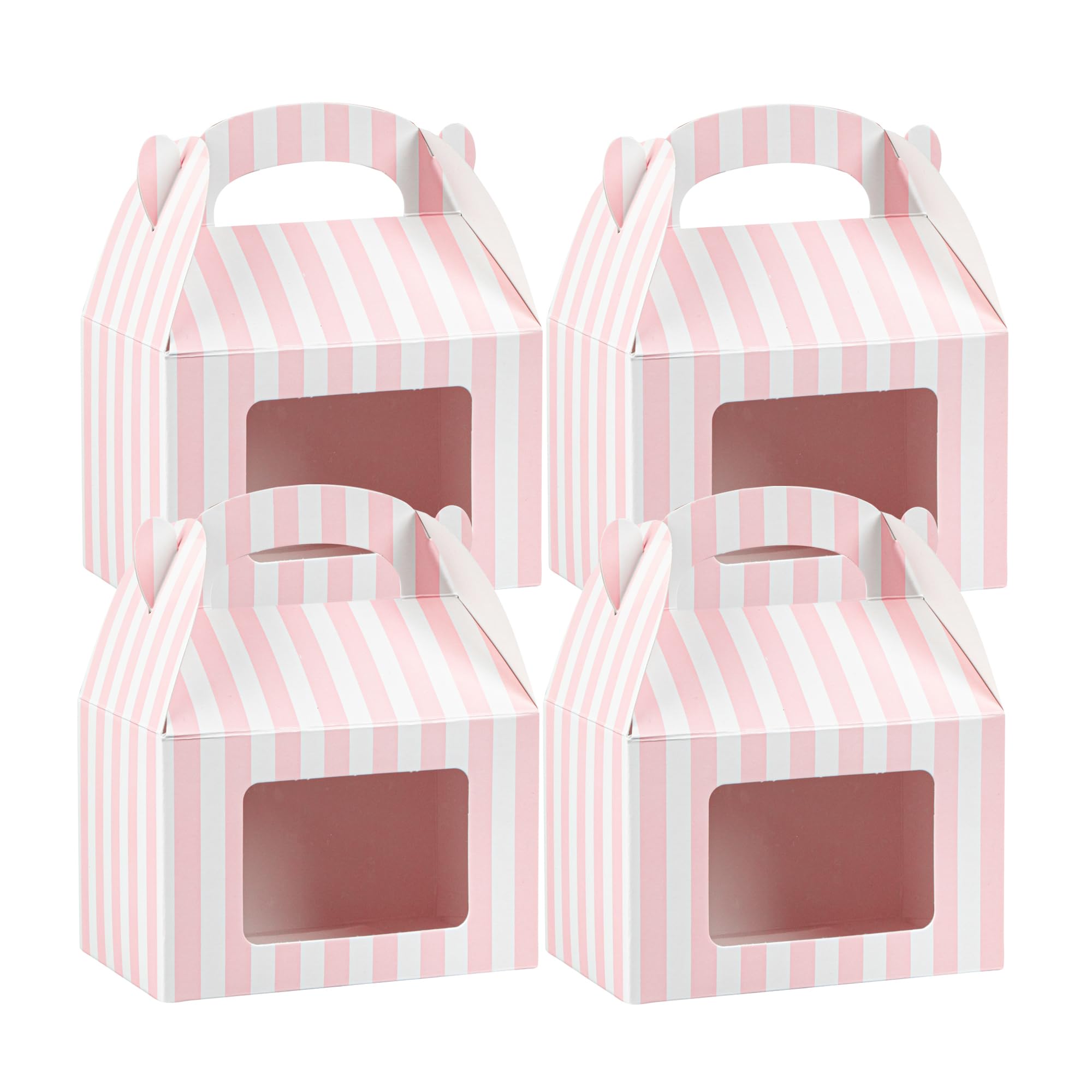 Bio Tek 6 x 3.5 x 6.5 Inch Gable Boxes For Party Favors, 25 Durable Gift Treat Boxes - Striped Pattern, Pink And White Paper Barn Boxes, Clear PET Window, With Built-In Handle - Restaurantware