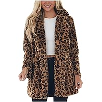Women's Fuzzy Fleece Leopard Coat Lapel Open Front Long Cardigan Faux Fur Winter Warm Outwear Jackets with Pockets