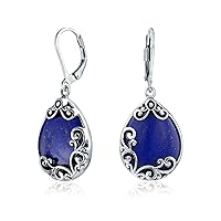 Boho Western Birthstones Semi Precious Gemstone Large Flat Teardrop Filigree Scroll Lever Back Dangle Earrings For Women Oxidized .925 Sterling Silver