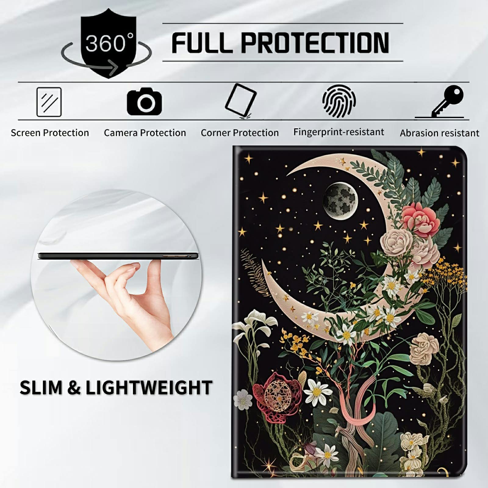 CGFGHHUY Case for All-New Kindle 11th Generation 6 inch 2022 Release Lightweight Protective PU Leather Smart Stand Cover with Auto Wake Sleep Case for Kindle 2022 11th Gen E-Reader,Moon Floral Flower