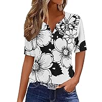 Womens Henley Shirts Summer Boho Floral Print T-Shirt V Neck Short Sleeve Button Down Tunic Tops Vintage Graphic Tee