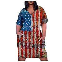 Dresses for Women 2024 Summer 4th of July Printed Maxi Dresses Casual V Neck Plus Size Short Sleeve Dress Pocket