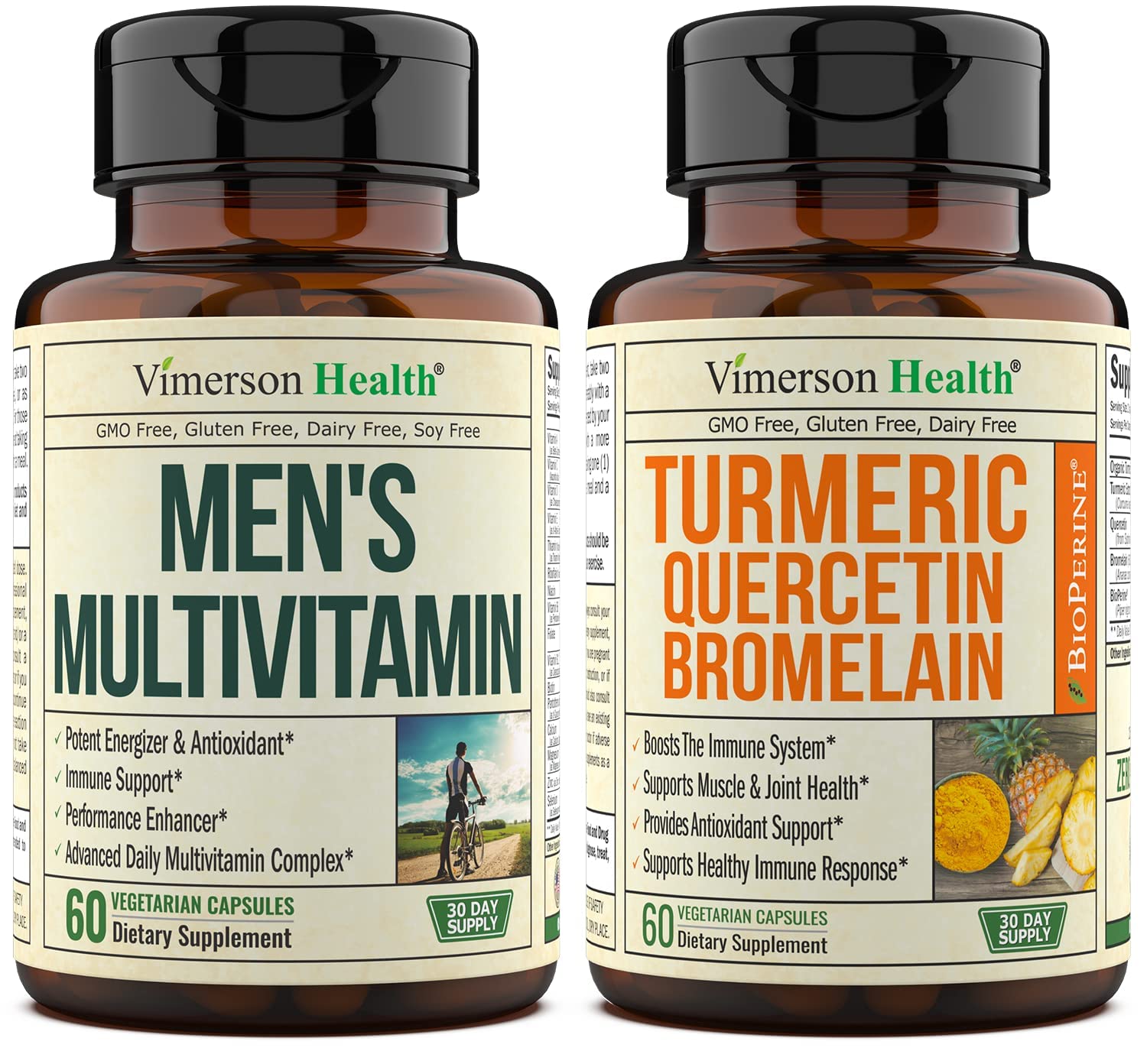 Vimerson Health Men's Multivitamin + Turmeric Bromelain Quercetin Bundle. Supports Healthy Immune Response, Helps with Energy & Performance, Muscle and Joint Health, Antioxidant Properties