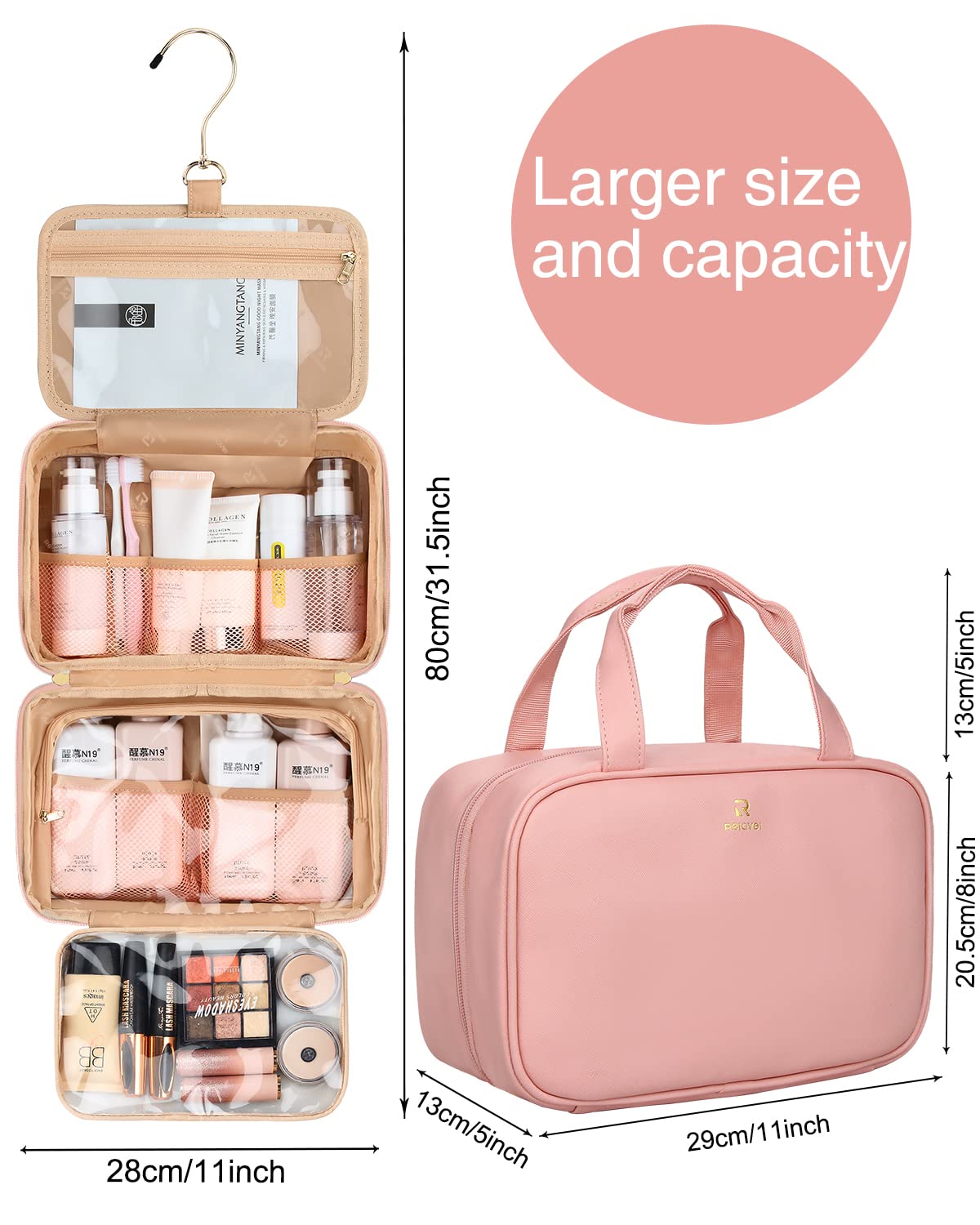Hanging Toiletry Bag, Travel Toiletry Bag for Women Bathroom Makeup Bag, Large Pink Cosmetic Travel Bag Leather Waterproof for Accessories,Toiletries, Full Sized Container, Hygiene
