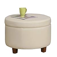 Round Leatherette Storage Ottoman with Lid, Ivory Large