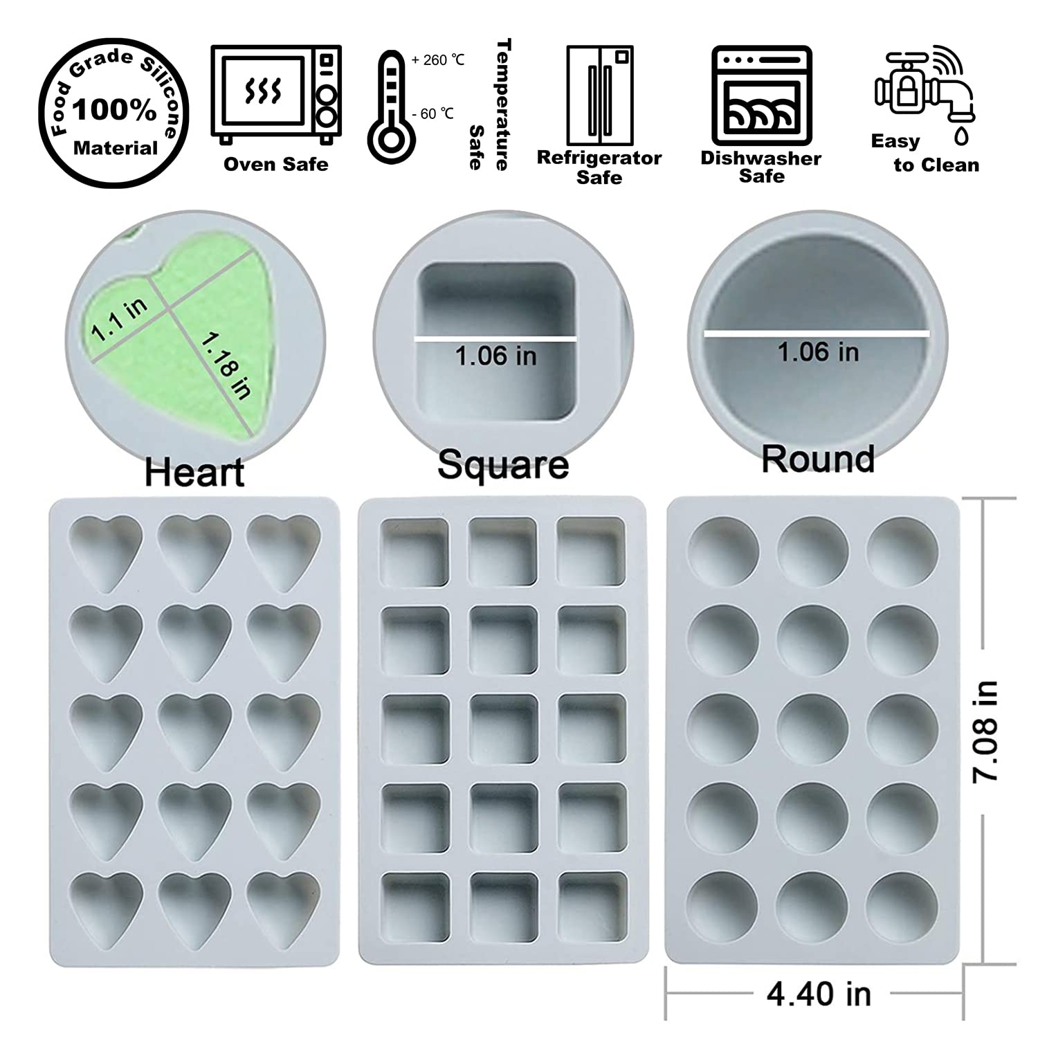 Rekidool 3 Pieces Candy and Chocolate Silicone Molds Set Non-stick Including Heart, Round, Square Baking Mold for Hard Candy, Gummy, Hot Caramel, Ice, Cake, Jello, Ganache (Blue)
