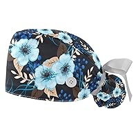 Red Floral Black Adjustable Working Cap with Ponytail Holder, 2 Packs Scrub Cap Bouffant Hat for Men & Women, One Size