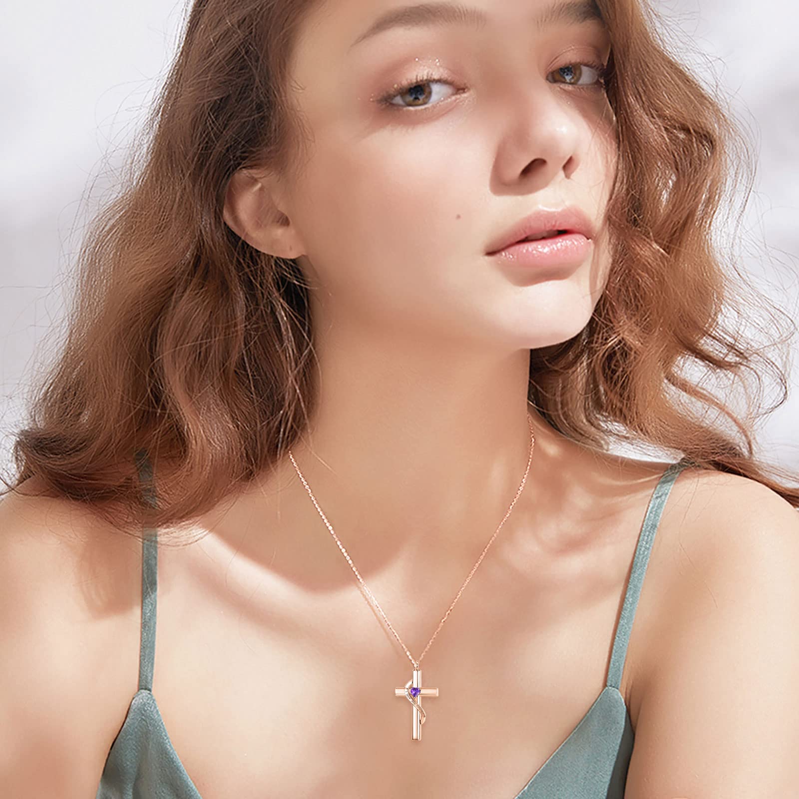 SOULMEET Crystal Cross Necklace for Ashes, Sterling Silver I Love You Forever Birthstone Cross Urn Necklaces for Ashes Keepsake Cremation Jewelry for Pet Human Ashes