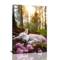 Jesus and Lamb Wall Art Christian Religious Pictures Wall Decor Shepherd Canvas God Sleeping Lamb Painting Modern Artwork Home Decoration for Bathroom Living Room Bedroom Office Framed 16