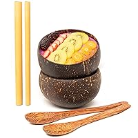 Set of 2 Small Original Coconut Bowls, 2 Wooden Spoons & 2 Reusable Bamboo Straws - 100% Natural, Hand Carved by Artisans, Eco-Friendly & Sustainable - Smoothie/Acai/Salad Bowls