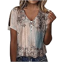 Women's Western Ethnic Floral Print T Shirt Henley Button up Shirts Vintage Graphic Tee Casual Short Sleeve Blouse