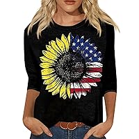 4Th of July Shirts Women,Women Summer Tops Three Quarter Sleeve Independence Day Print Round Neck Basic Top Blouse