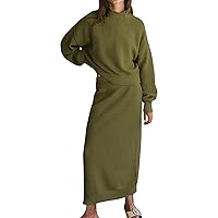 Women's Workout Sets Fashion Casual Solid Color Round Neck Long Sleeve Top Slit Skirt Two-Piece Set Outfits, S-2XL