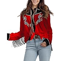 JOHN MOON Women's Embroidered Western Long Sleeve Buttons Down Shirts Collared Retro Casual Blouses Shirts