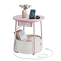 VASAGLE Side Table with Charging Station, Round End Table With Fabric Basket, Nightstand with Power Outlets USB Ports, for Living Room, Bedroom, Modern, Jelly Pink and Cream White ULET228R01