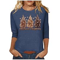 Women's Womans Tops for Fall 22 Fashion Casual Round Neck 44989 Sleeve Loose Christmas Printed T-Shirt Top, S-3XL