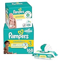 Diapers Size 3, 168 Count and Baby Wipes - Pampers Swaddlers Disposable Baby Diapers and Water Baby Wipes Sensitive Pop-Top Packs, 336 Count (Packaging May Vary)
