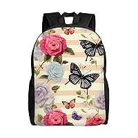 Striped Flower Butterfly Backpack For Women Men Large Capacity Laptop Backpack Travel Rucksack Fashion Casual Daypack