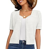Genhoo Women's Shrug Sweaters Short Sleeve Button Up Square Neck Open Front Bolero Cotton Knit Cropped Cardigan Top