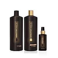 Sebastian Professional Dark Oil Lightweight Hair Care, 33.8 fl oz + Hair Styling Oil 3.2 fl oz || Infused with Sandalwood, Cedarwood, & Argan Oils, Bundle Liter Set