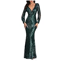 Women's Formal Gowns Evening Dresses Sexy V-Neck Long Sleeve Party Club Dress Sparkle Glitter Maxi Mermaid Dress
