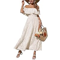 Women's 2024 Summer Dress Off Shoulder High Waist Beach Dress Ruffled Short Sleeve Floral Tiered Maxi Dress