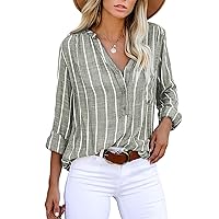 Astylish Womens Striped Button Down Henley Shirts Roll up Sleeve Oversized Blouses Light Green Large
