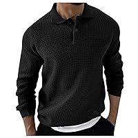 Men's Polo Sweater 1/4 Button Waffle Knit Pullovers Long Sleeve Lightweight Fashion Casual Pullover Sweaters