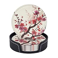 Coasters for Drinks Set of 6 Japanese Spring Plum Floral Leather Coasters Spill Protection Cup Mat for Drinks for Home Office Coffee Bar Table