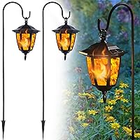 Dynaming 2 Pack Solar Flame Hanging Lights Outdoor, Solar Flickering Flame LED Garden Lanterns with 2 x 38 Inch Shepherd Hooks, Landscape Lighting Waterproof for Lawn Patio Yard Pathway Driveway